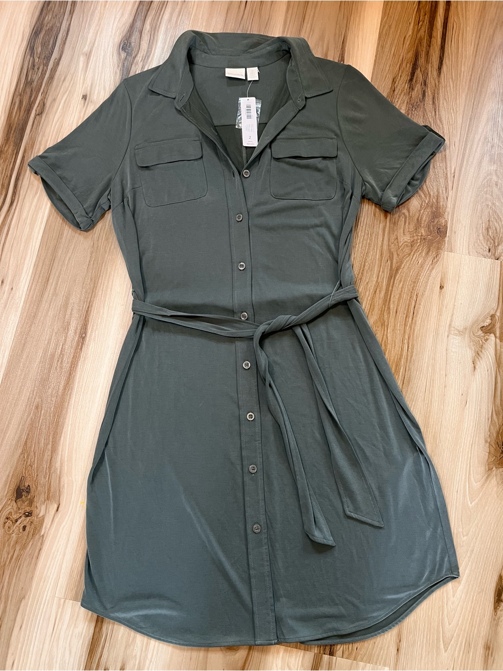 $109 New Chicos 2 Medium M Green Utility Midi Dress Belted Jersey Butter Soft
